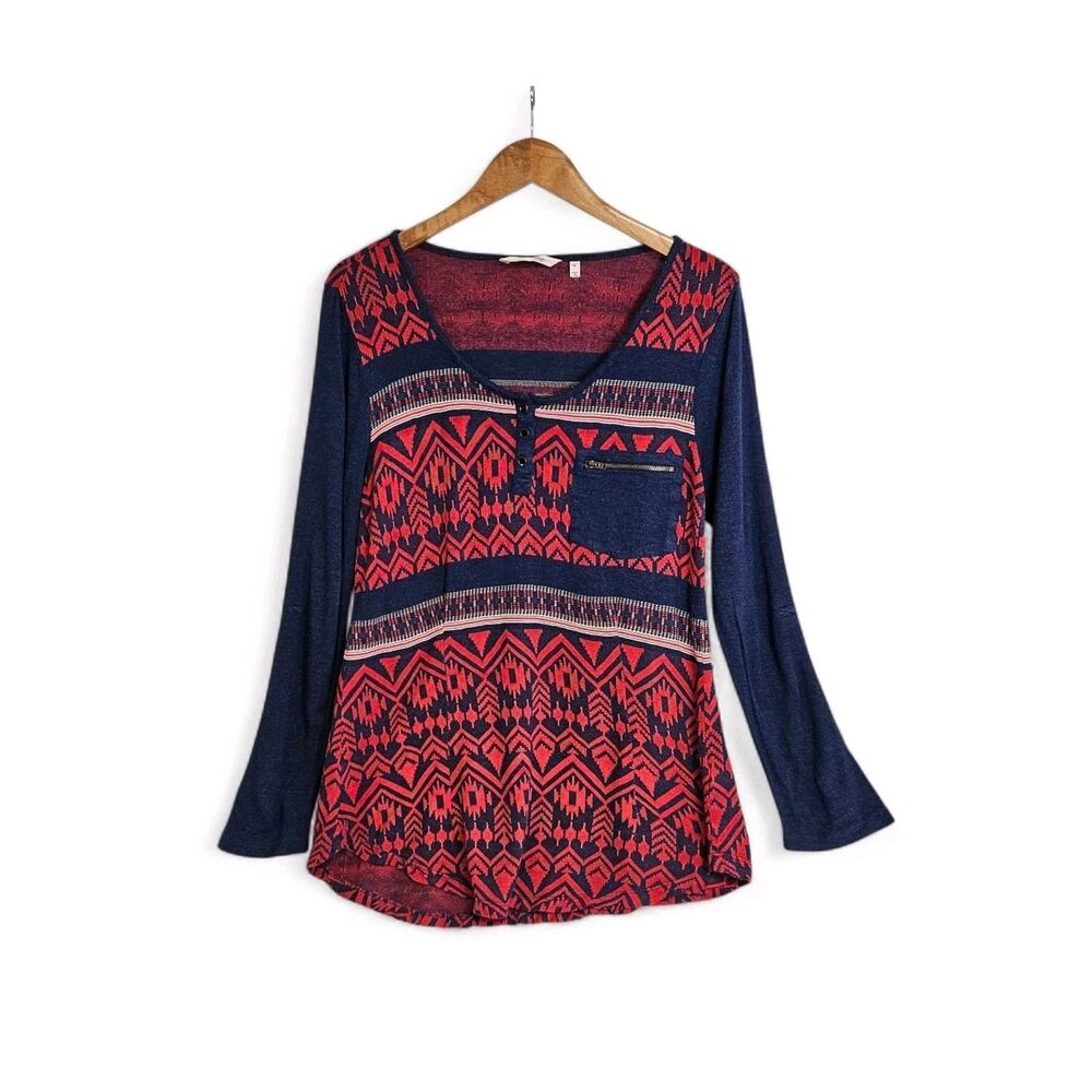 Soft Surroundings Aztec Print IKAT Sumatra Henley Roll Tab Sleeve Top Medium